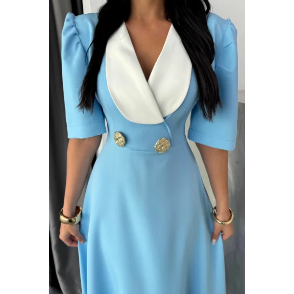 TASARIM ELBİSE CEKET YAKA GOLD DÜĞME DETAYLI KISA KOL - Mavi