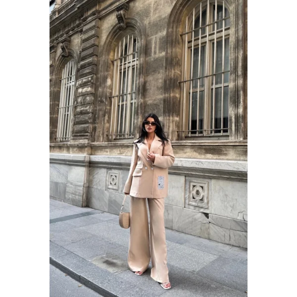 TASARIM ETİKET DETAYLI CEKET - PANTOLON TAKIM - Bej