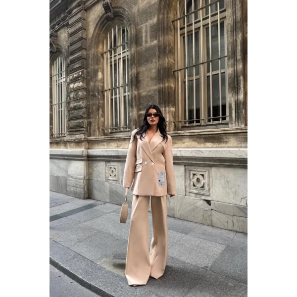 TASARIM ETİKET DETAYLI CEKET - PANTOLON TAKIM - Bej