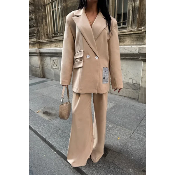 TASARIM ETİKET DETAYLI CEKET - PANTOLON TAKIM - Bej