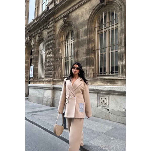 TASARIM ETİKET DETAYLI CEKET - PANTOLON TAKIM - Bej