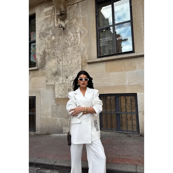 TASARIM ETİKET DETAYLI CEKET - PANTOLON TAKIM - Beyaz