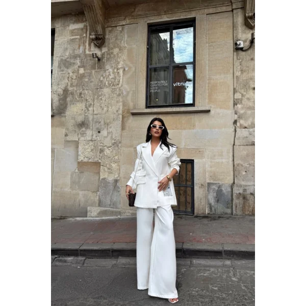 TASARIM ETİKET DETAYLI CEKET - PANTOLON TAKIM - Beyaz