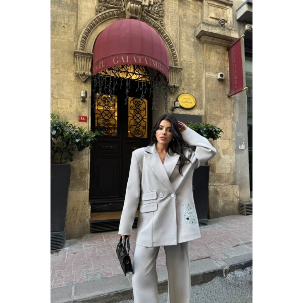 TASARIM ETİKET DETAYLI CEKET - PANTOLON TAKIM - Gri