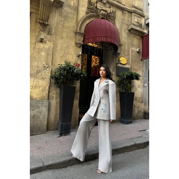 TASARIM ETİKET DETAYLI CEKET - PANTOLON TAKIM - Gri