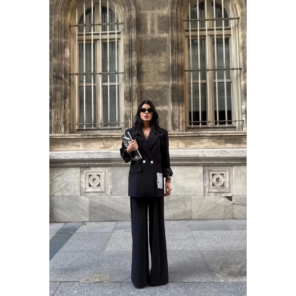 TASARIM ETİKET DETAYLI CEKET - PANTOLON TAKIM - Siyah