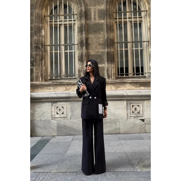 TASARIM ETİKET DETAYLI CEKET - PANTOLON TAKIM - Siyah