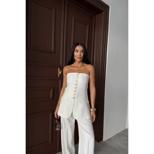 TASARIM GOLD DÜĞMELİ STRABLEZ  YELEK - Beyaz