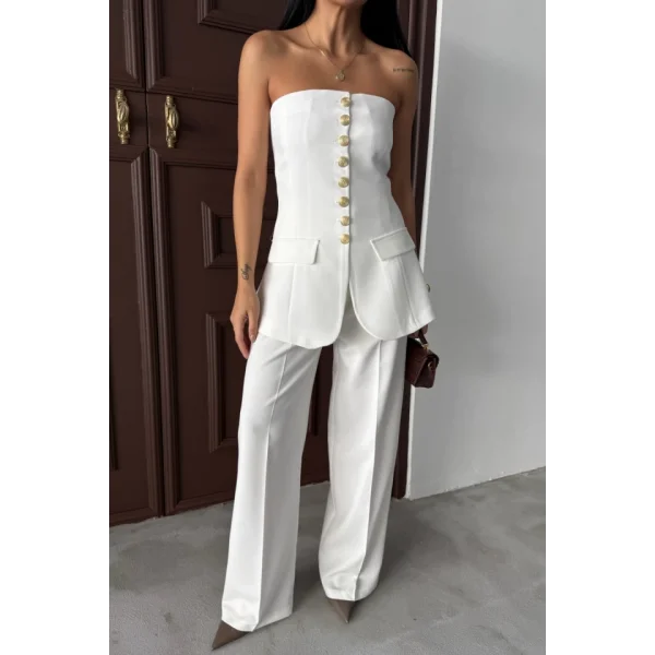 TASARIM GOLD DÜĞMELİ STRABLEZ  YELEK - Beyaz