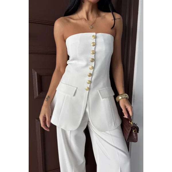 TASARIM GOLD DÜĞMELİ STRABLEZ  YELEK - Beyaz