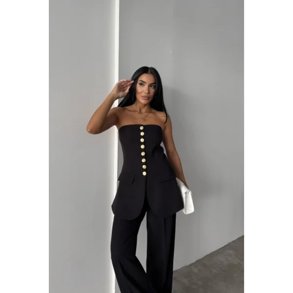 TASARIM GOLD DÜĞMELİ STRABLEZ  YELEK - Siyah