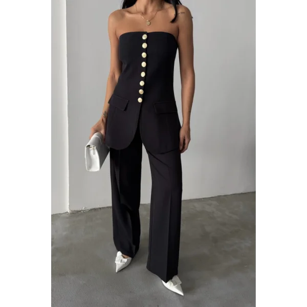 TASARIM GOLD DÜĞMELİ STRABLEZ  YELEK - Siyah