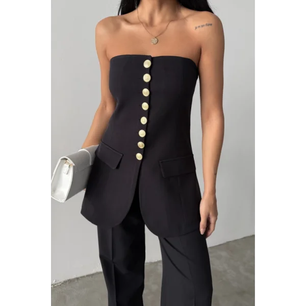 TASARIM GOLD DÜĞMELİ STRABLEZ  YELEK - Siyah