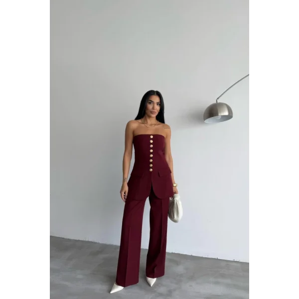 TASARIM GOLD DÜĞMELİ STRAPLEZ  YELEK - Bordo