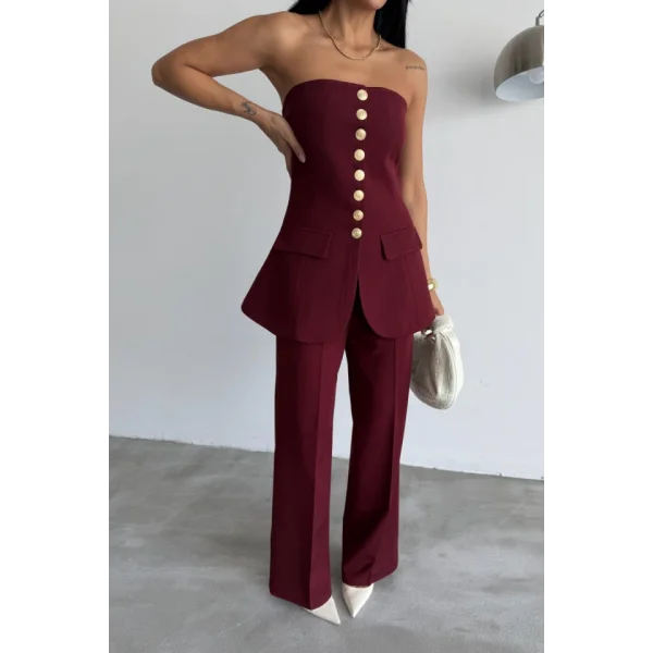 TASARIM GOLD DÜĞMELİ STRAPLEZ  YELEK - Bordo