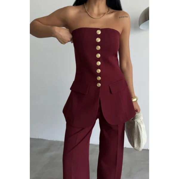 TASARIM GOLD DÜĞMELİ STRAPLEZ  YELEK - Bordo