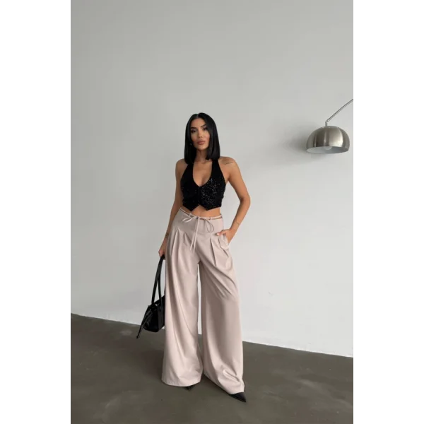 TASARIM SALAŞ  PANTOLON BEL İP DETAYLI - Bej