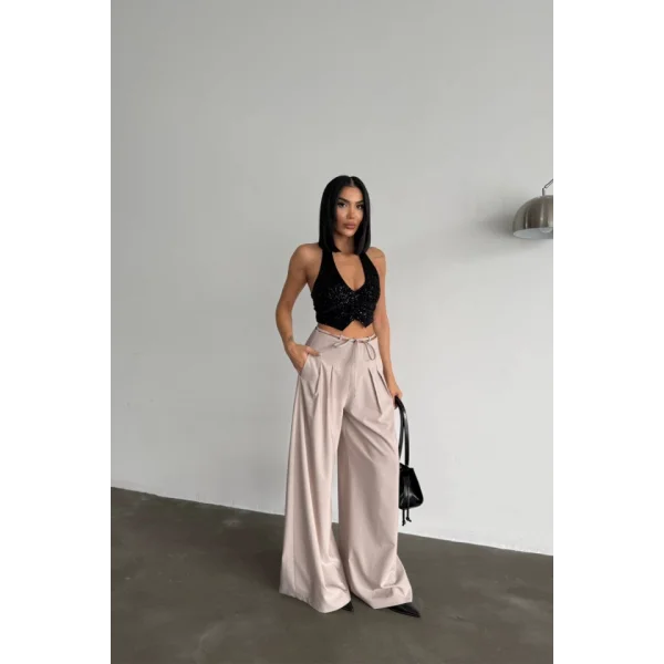 TASARIM SALAŞ  PANTOLON BEL İP DETAYLI - Bej