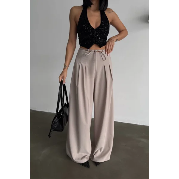 TASARIM SALAŞ  PANTOLON BEL İP DETAYLI - Bej