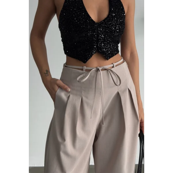 TASARIM SALAŞ  PANTOLON BEL İP DETAYLI - Bej