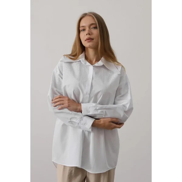 Taşlı Sivri Yaka Gömlek - Beyaz