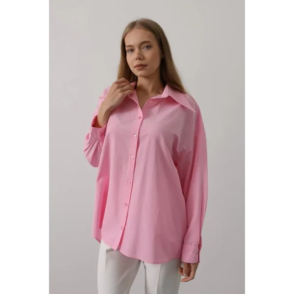 Taşlı Sivri Yaka Gömlek - Pembe
