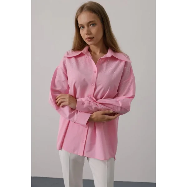 Taşlı Sivri Yaka Gömlek - Pembe