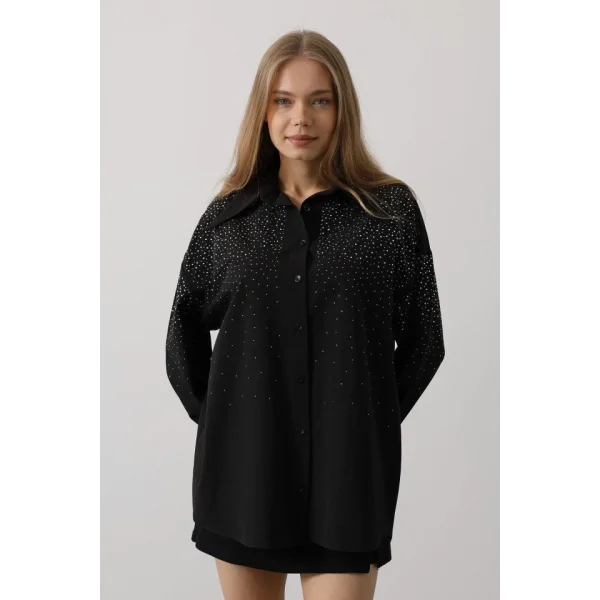 Taşlı Sivri Yaka Gömlek - Siyah