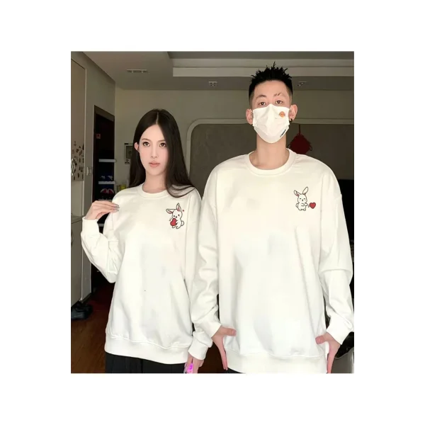 Tavşan Baskılı Sevgili Çift Kombini Kapüşonlu Sweatshirt & Hodie - Beyaz