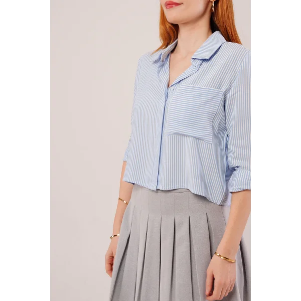 Tek Cep Çizgili avi Kısa Gömlek