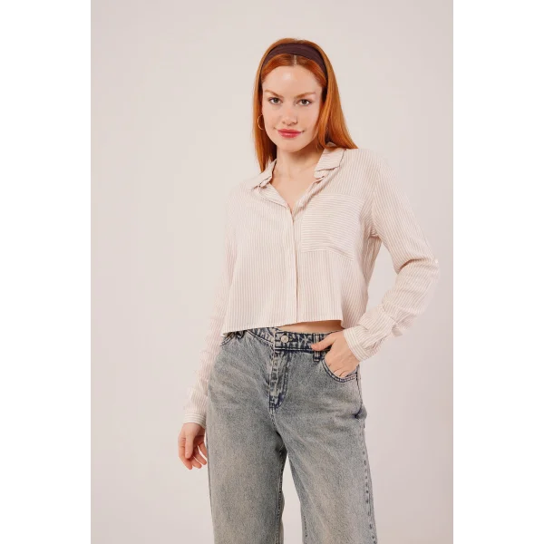Tek Cep Çizgili Bej Kısa Gömlek