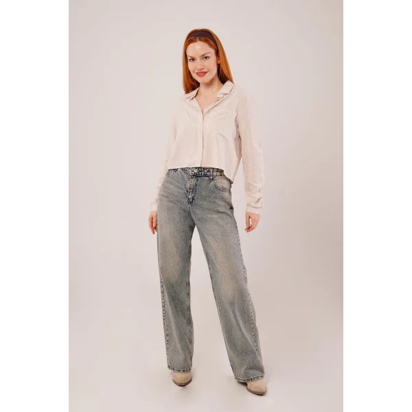 Tek Cep Çizgili Bej Kısa Gömlek