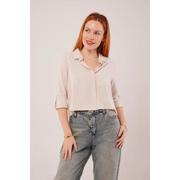 Tek Cep Çizgili Bej Kısa Gömlek