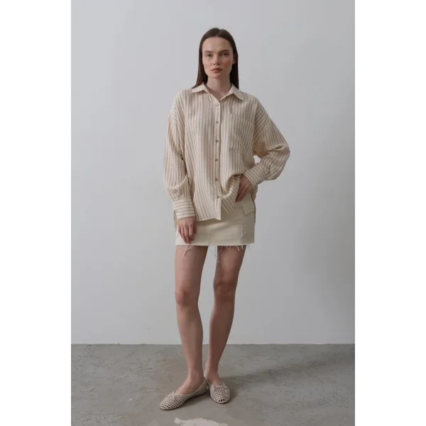 Tek Cep Çizgili Gömlek  BejTaba