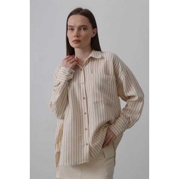 Tek Cep Çizgili Gömlek  BejTaba