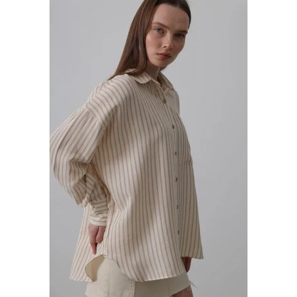 Tek Cep Çizgili Gömlek  BejTaba