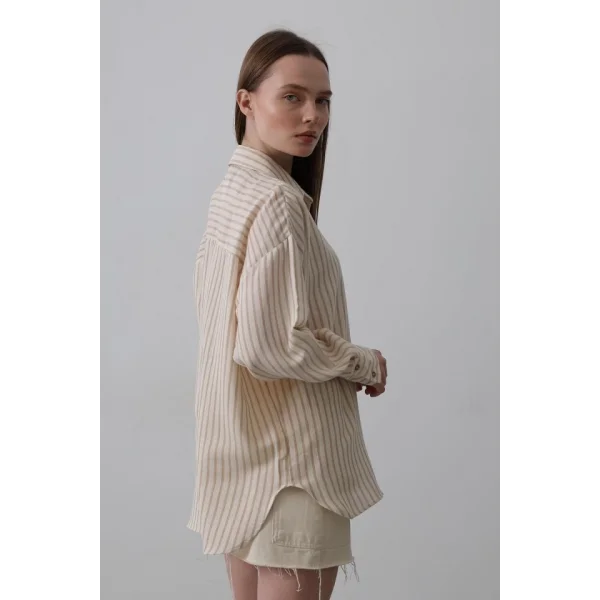 Tek Cep Çizgili Gömlek  BejTaba