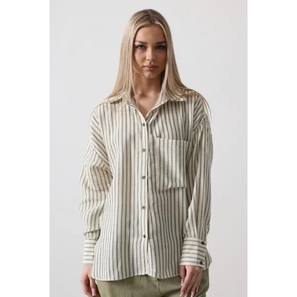 Tek Cep Çizgili Gömlek  Haki