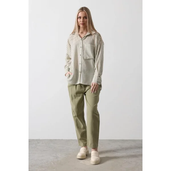 Tek Cep Çizgili Gömlek  Haki