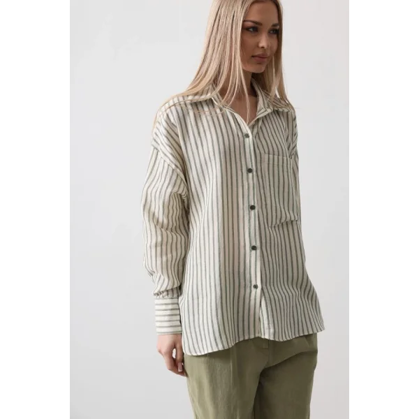 Tek Cep Çizgili Gömlek  Haki