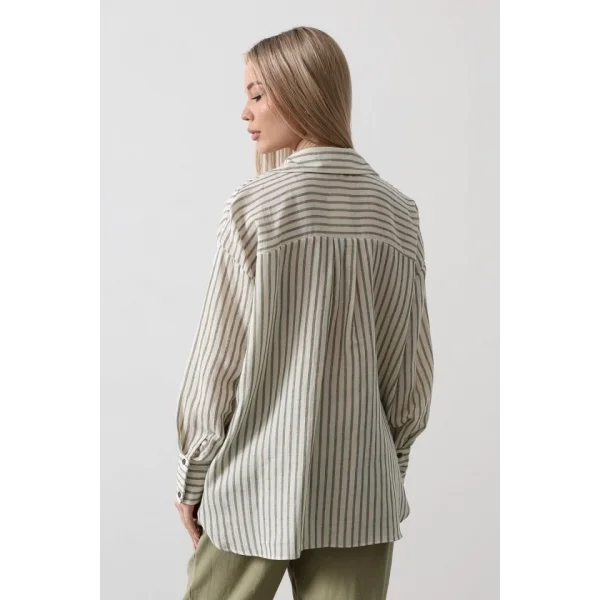 Tek Cep Çizgili Gömlek  Haki