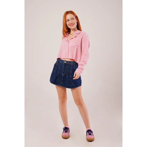 Tek Cep Çizgili Pembe Kısa Gömlek
