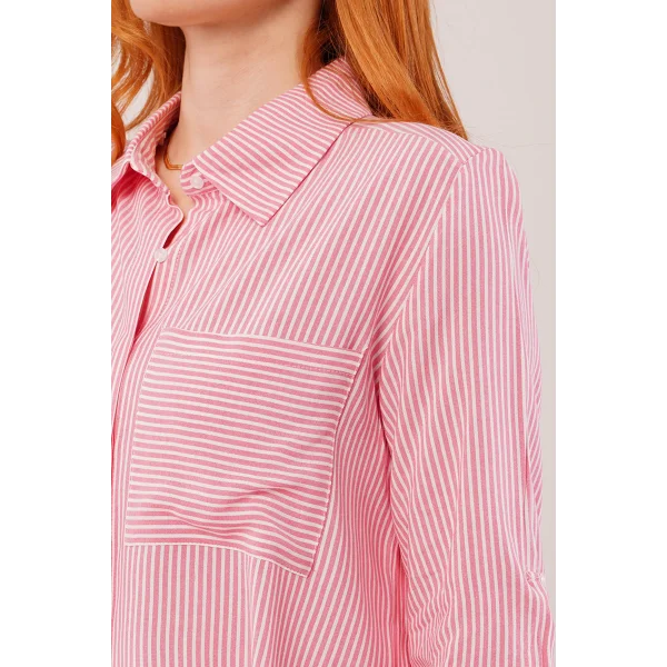 Tek Cep Çizgili Pembe Kısa Gömlek
