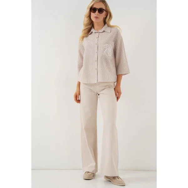 Tek Cep Nakışlı Gömlek 20328 - Bej