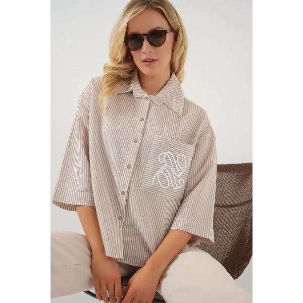 Tek Cep Nakışlı Gömlek 20328 - Bej