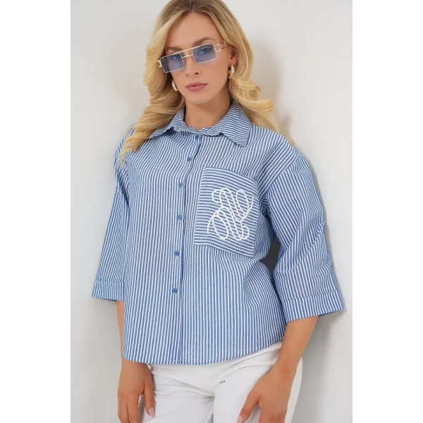 Tek Cep Nakışlı Gömlek 20328 - Lacivert