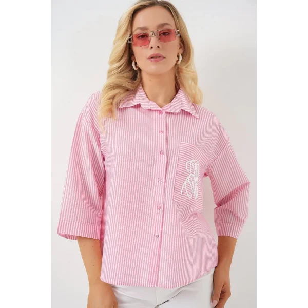 Tek Cep Nakışlı Gömlek 20328 - Pembe