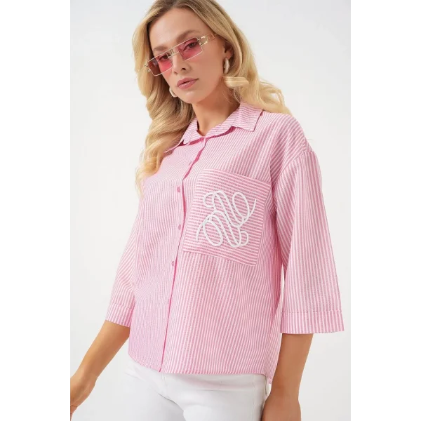 Tek Cep Nakışlı Gömlek 20328 - Pembe