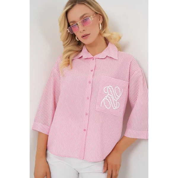 Tek Cep Nakışlı Gömlek 20328 - Pembe