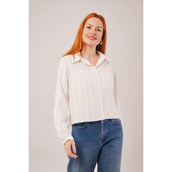Tek Cepli Bej Çizgili Gömlek